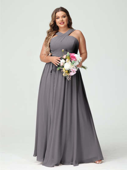 Sleeveless Plus Size Chiffon Bridesmaid Dress with Sash in A-Line/Princess Criss Cross Styles