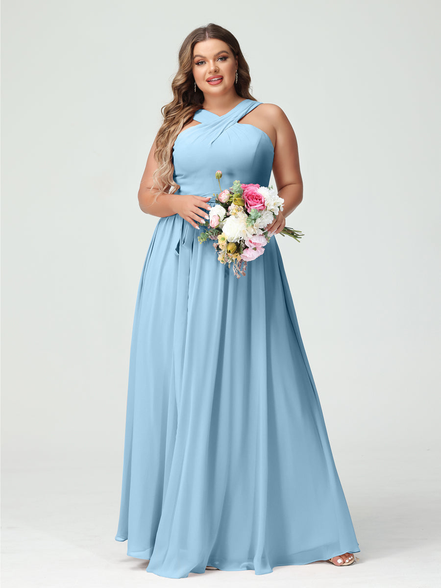 Sleeveless Plus Size Chiffon Bridesmaid Dress with Sash in A-Line/Princess Criss Cross Styles