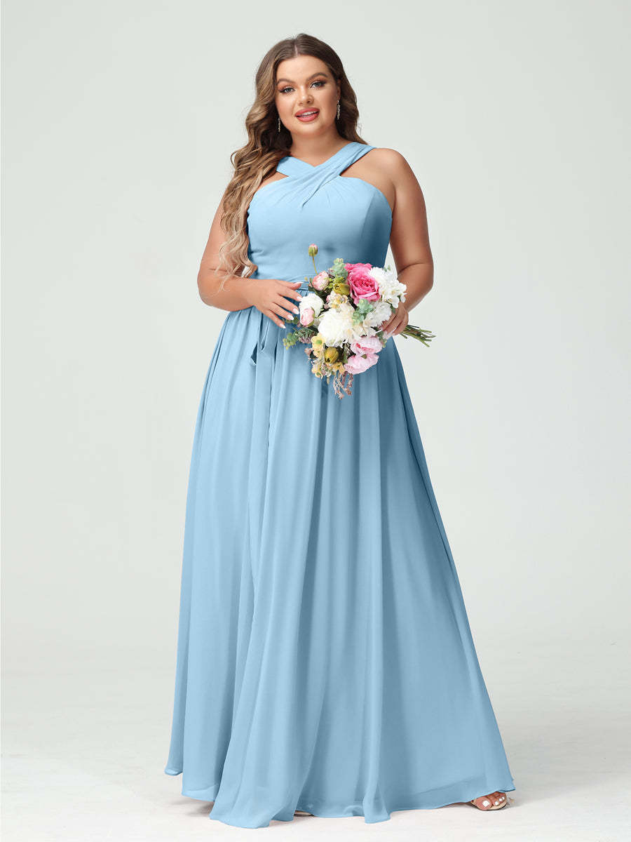 Sleeveless Plus Size Chiffon Bridesmaid Dress with Sash in A-Line/Princess Criss Cross Styles
