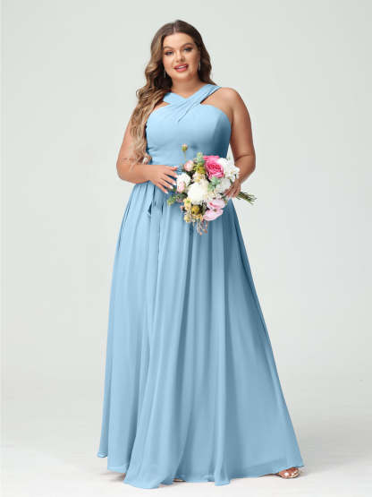 Sleeveless Plus Size Chiffon Bridesmaid Dress with Sash in A-Line/Princess Criss Cross Styles