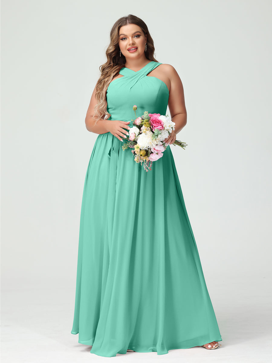 Sleeveless Plus Size Chiffon Bridesmaid Dress with Sash in A-Line/Princess Criss Cross Styles