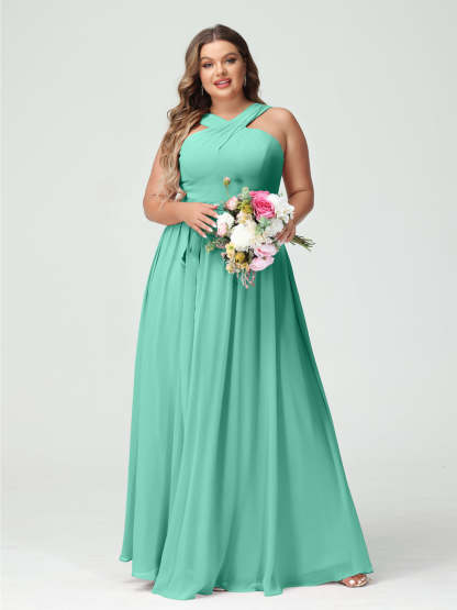 Sleeveless Plus Size Chiffon Bridesmaid Dress with Sash in A-Line/Princess Criss Cross Styles