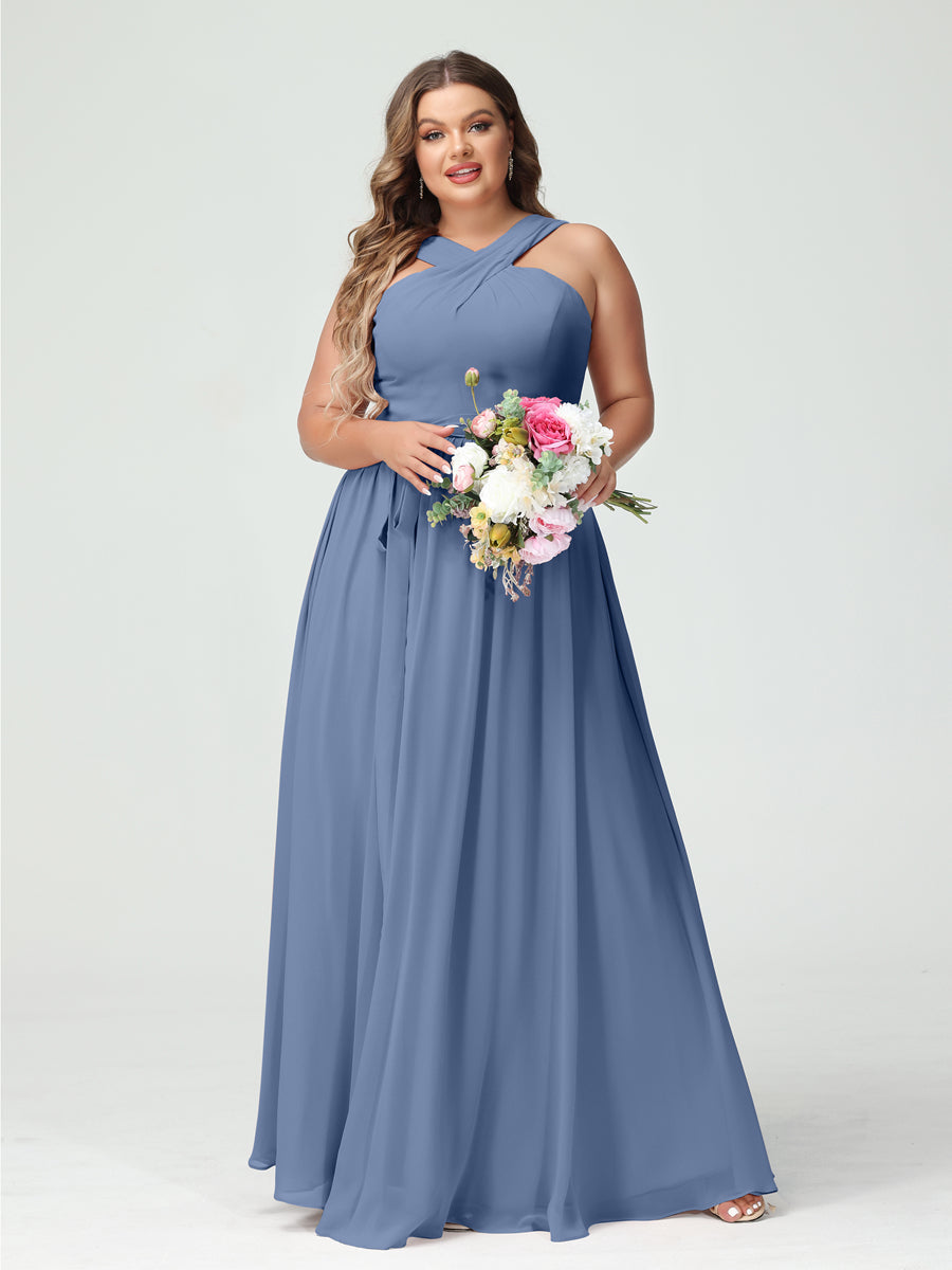 Sleeveless Plus Size Chiffon Bridesmaid Dress with Sash in A-Line/Princess Criss Cross Styles