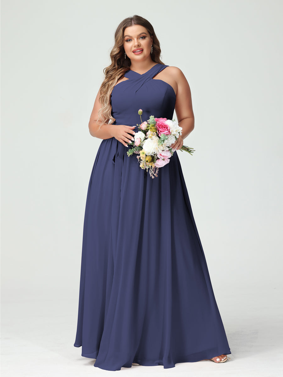 Sleeveless Plus Size Chiffon Bridesmaid Dress with Sash in A-Line/Princess Criss Cross Styles