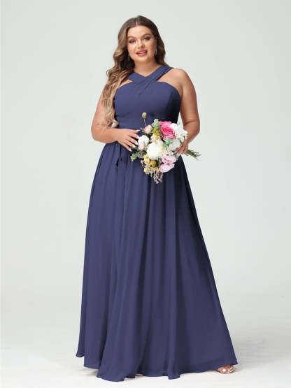 Sleeveless Plus Size Chiffon Bridesmaid Dress with Sash in A-Line/Princess Criss Cross Styles