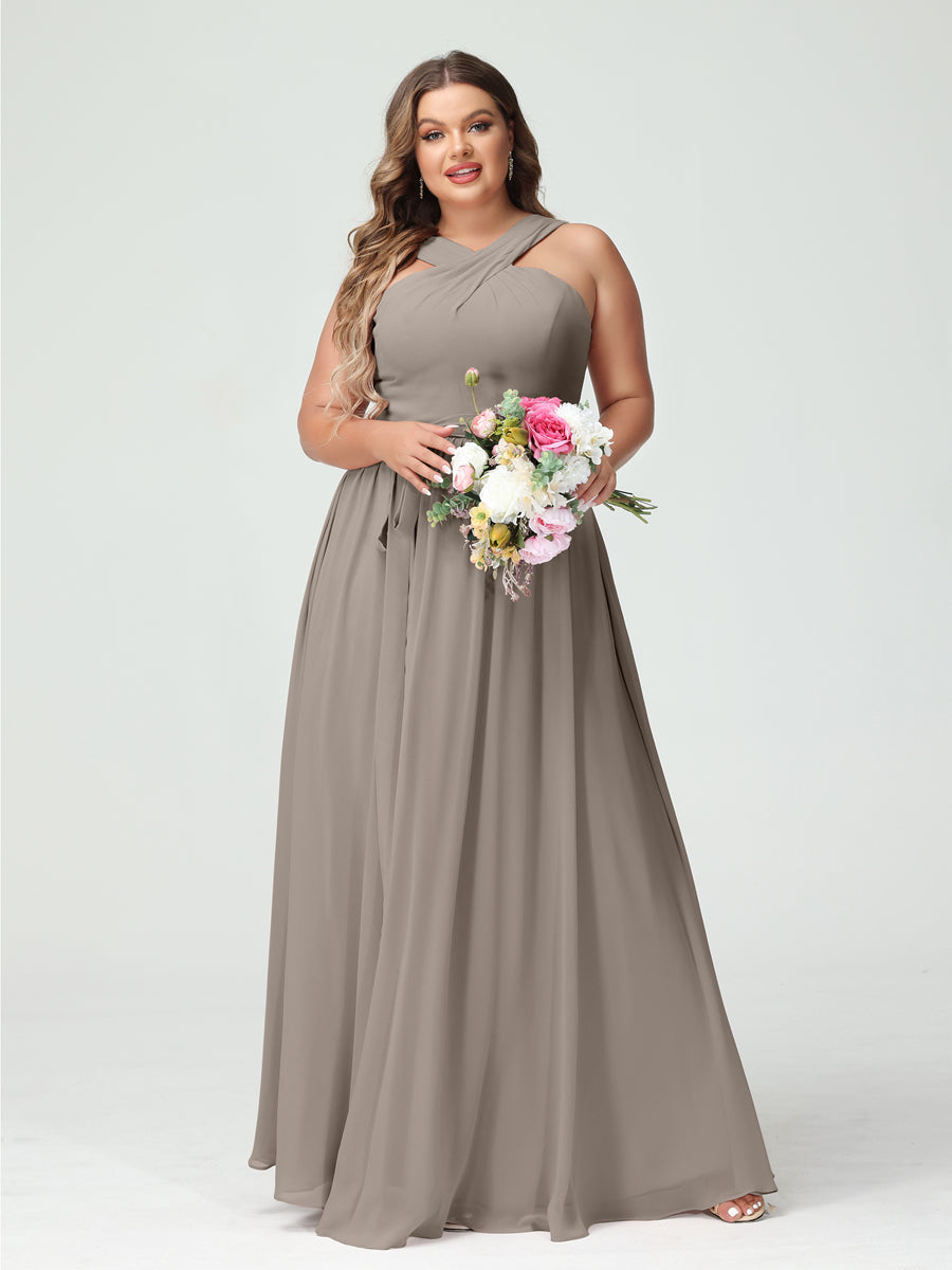 Sleeveless Plus Size Chiffon Bridesmaid Dress with Sash in A-Line/Princess Criss Cross Styles