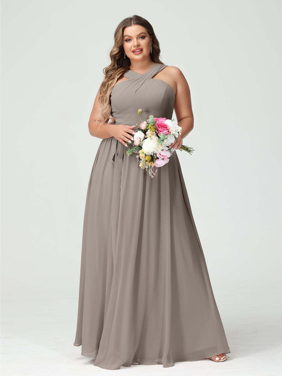 Sleeveless Plus Size Chiffon Bridesmaid Dress with Sash in A-Line/Princess Criss Cross Styles