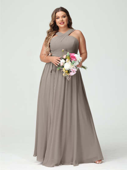 Sleeveless Plus Size Chiffon Bridesmaid Dress with Sash in A-Line/Princess Criss Cross Styles