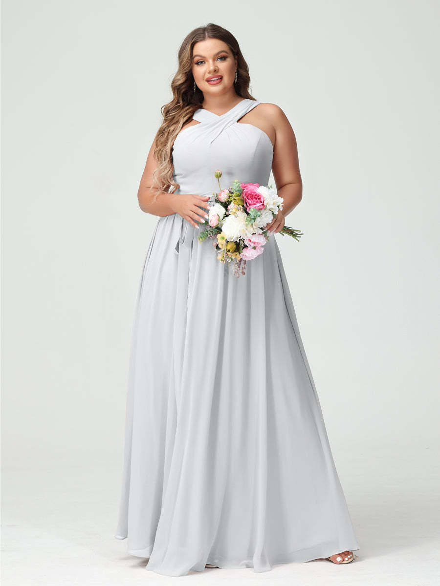 Sleeveless Plus Size Chiffon Bridesmaid Dress with Sash in A-Line/Princess Criss Cross Styles