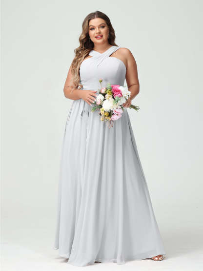 Sleeveless Plus Size Chiffon Bridesmaid Dress with Sash in A-Line/Princess Criss Cross Styles