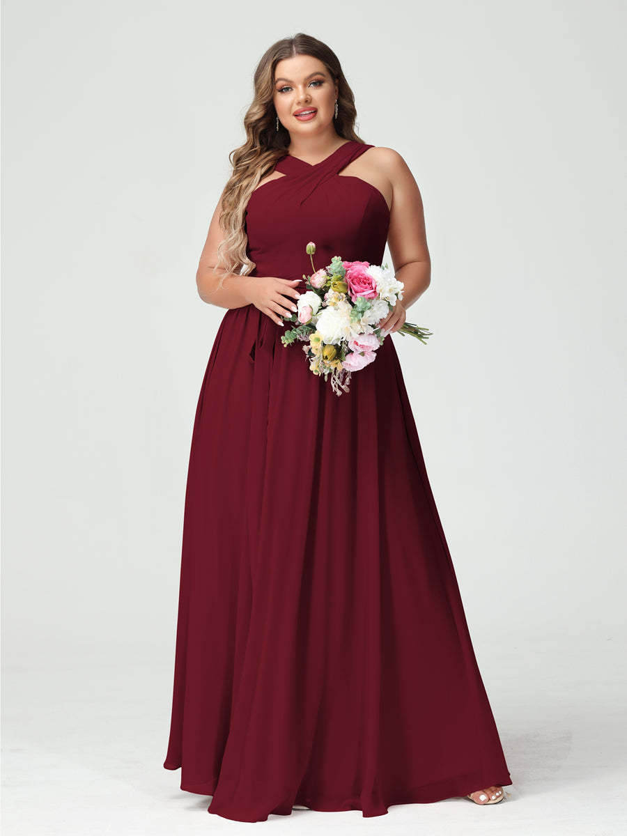 Sleeveless Plus Size Chiffon Bridesmaid Dress with Sash in A-Line/Princess Criss Cross Styles