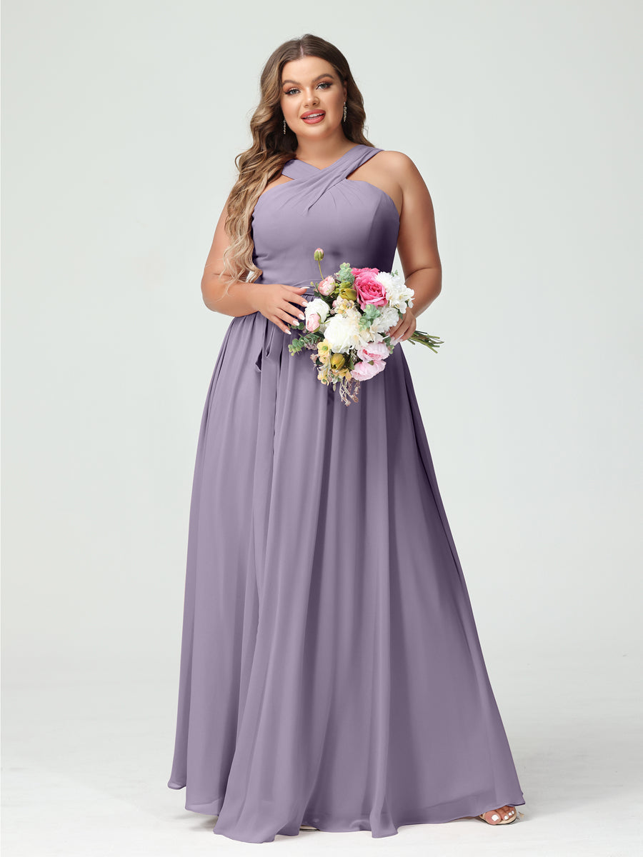 Sleeveless Plus Size Chiffon Bridesmaid Dress with Sash in A-Line/Princess Criss Cross Styles
