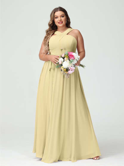 Sleeveless Plus Size Chiffon Bridesmaid Dress with Sash in A-Line/Princess Criss Cross Styles