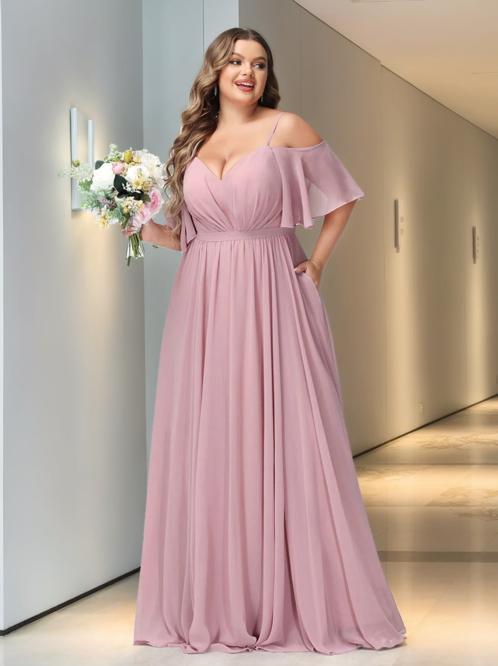 Plus Size Chiffon Bridesmaid Dresses with Pockets – A-Line, Princess, and Spaghetti Strap Styles