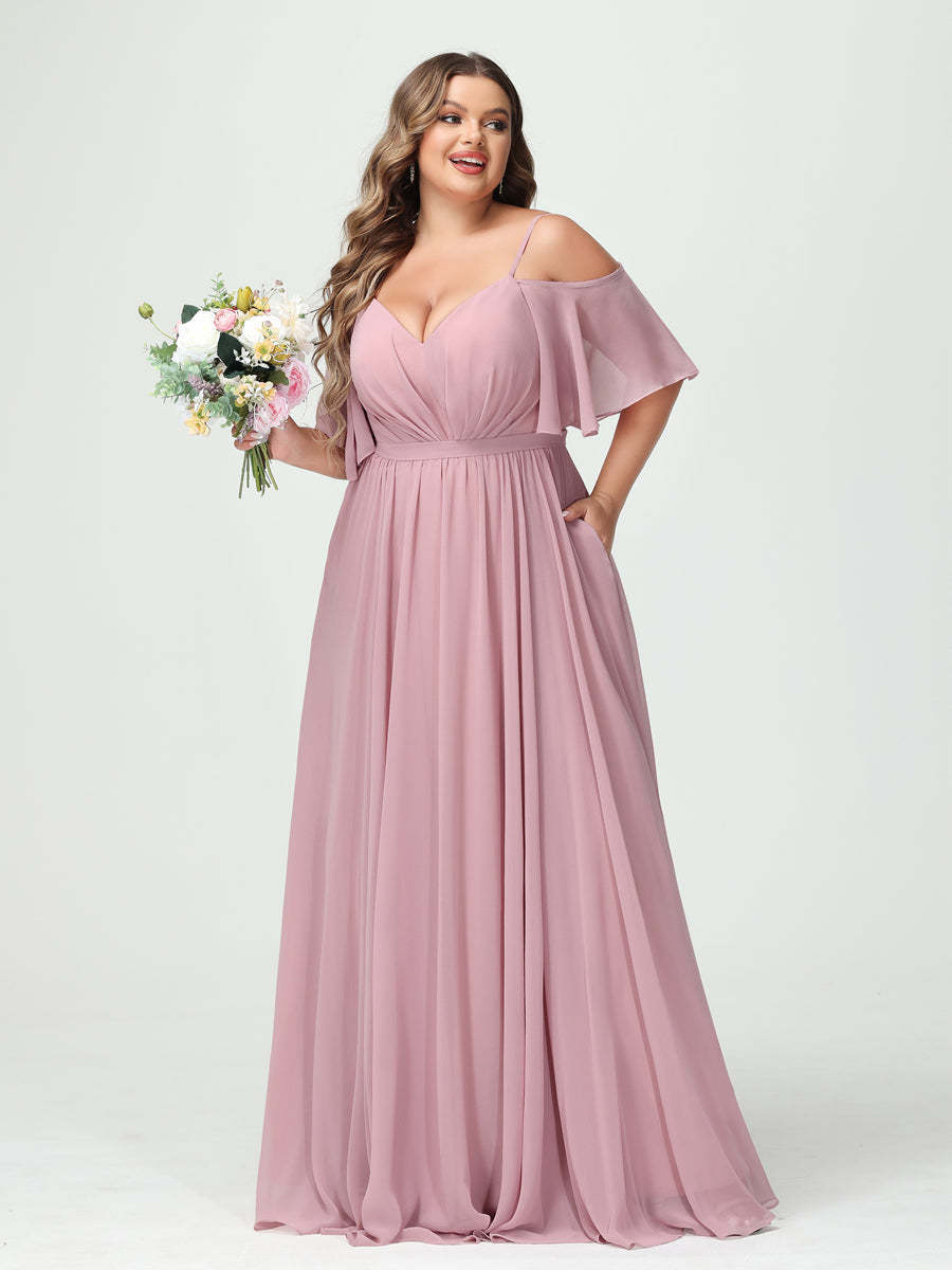 Plus Size Chiffon Bridesmaid Dresses with Pockets – A-Line, Princess, and Spaghetti Strap Styles