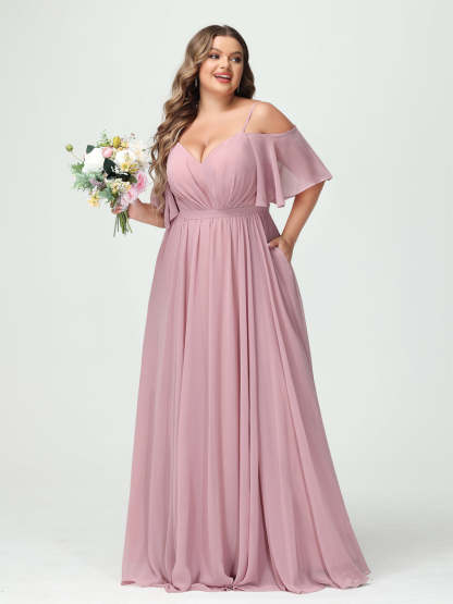 Plus Size Chiffon Bridesmaid Dresses with Pockets – A-Line, Princess, and Spaghetti Strap Styles