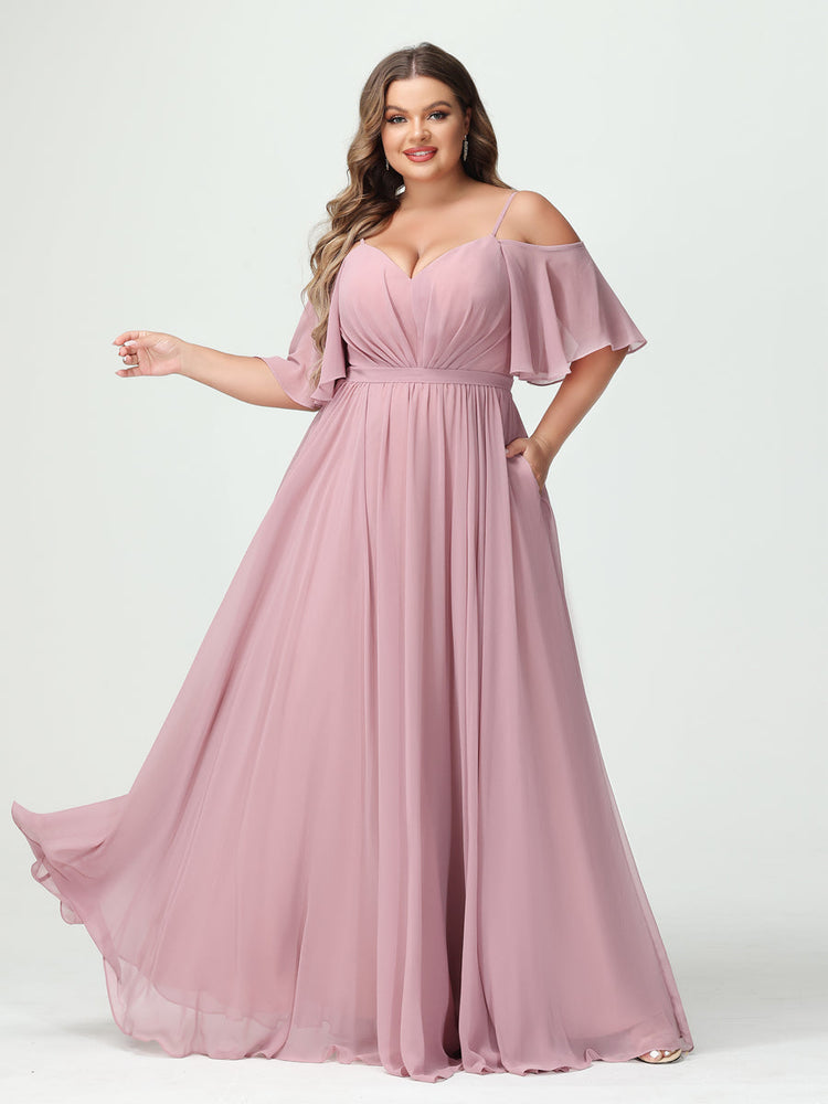 Plus Size Chiffon Bridesmaid Dresses with Pockets – A-Line, Princess, and Spaghetti Strap Styles