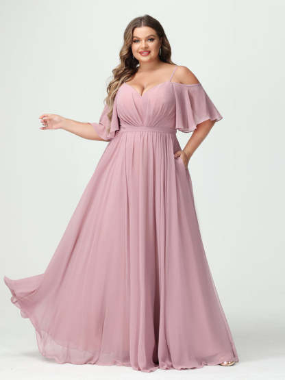 Plus Size Chiffon Bridesmaid Dresses with Pockets – A-Line, Princess, and Spaghetti Strap Styles