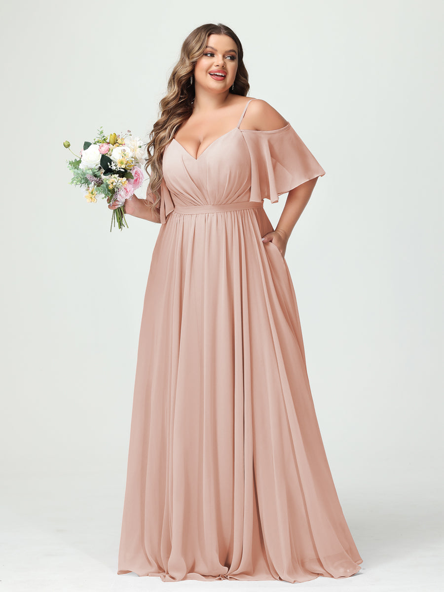 Plus Size Chiffon Bridesmaid Dresses with Pockets – A-Line, Princess, and Spaghetti Strap Styles