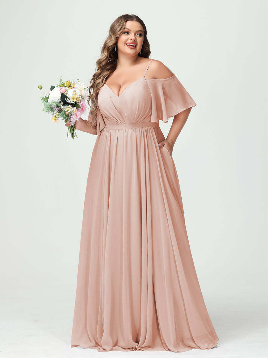 Plus Size Chiffon Bridesmaid Dresses with Pockets – A-Line, Princess, and Spaghetti Strap Styles