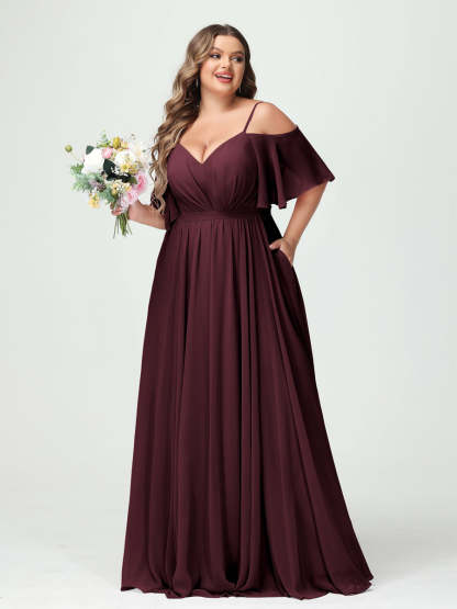 Plus Size Chiffon Bridesmaid Dresses with Pockets – A-Line, Princess, and Spaghetti Strap Styles