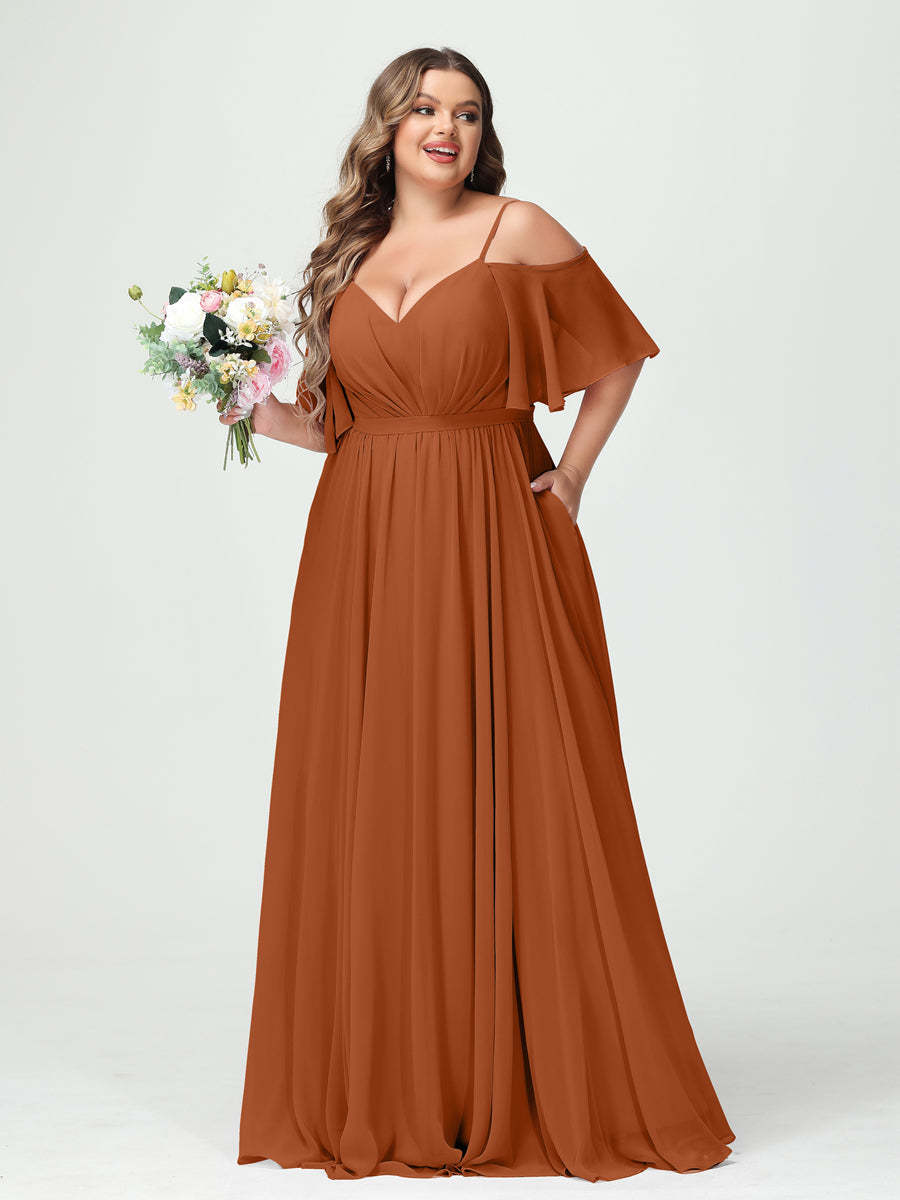 Plus Size Chiffon Bridesmaid Dresses with Pockets – A-Line, Princess, and Spaghetti Strap Styles