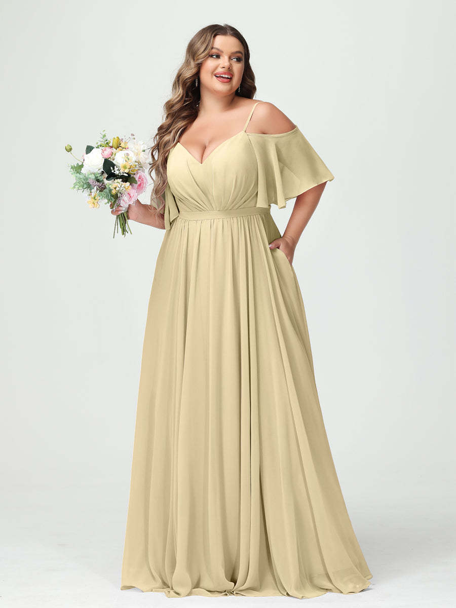 Plus Size Chiffon Bridesmaid Dresses with Pockets – A-Line, Princess, and Spaghetti Strap Styles