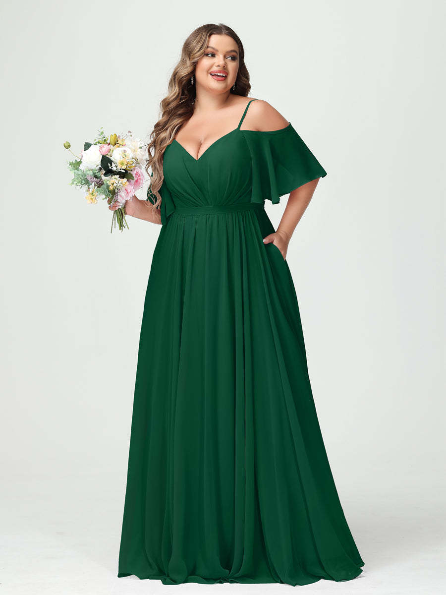 Plus Size Chiffon Bridesmaid Dresses with Pockets – A-Line, Princess, and Spaghetti Strap Styles