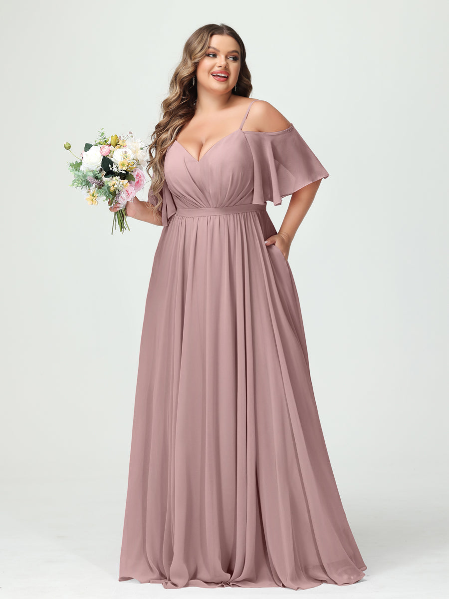 Plus Size Chiffon Bridesmaid Dresses with Pockets – A-Line, Princess, and Spaghetti Strap Styles