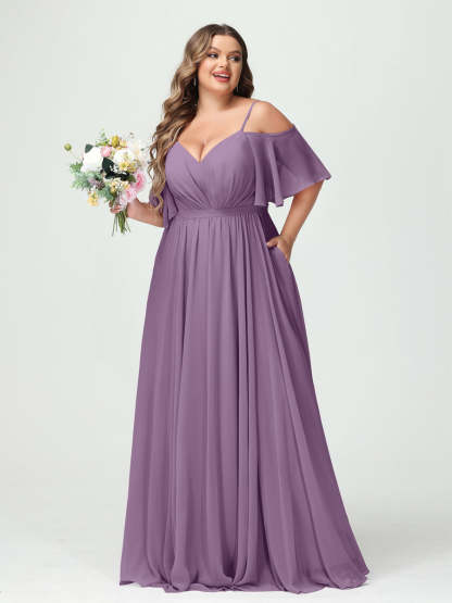 Plus Size Chiffon Bridesmaid Dresses with Pockets – A-Line, Princess, and Spaghetti Strap Styles