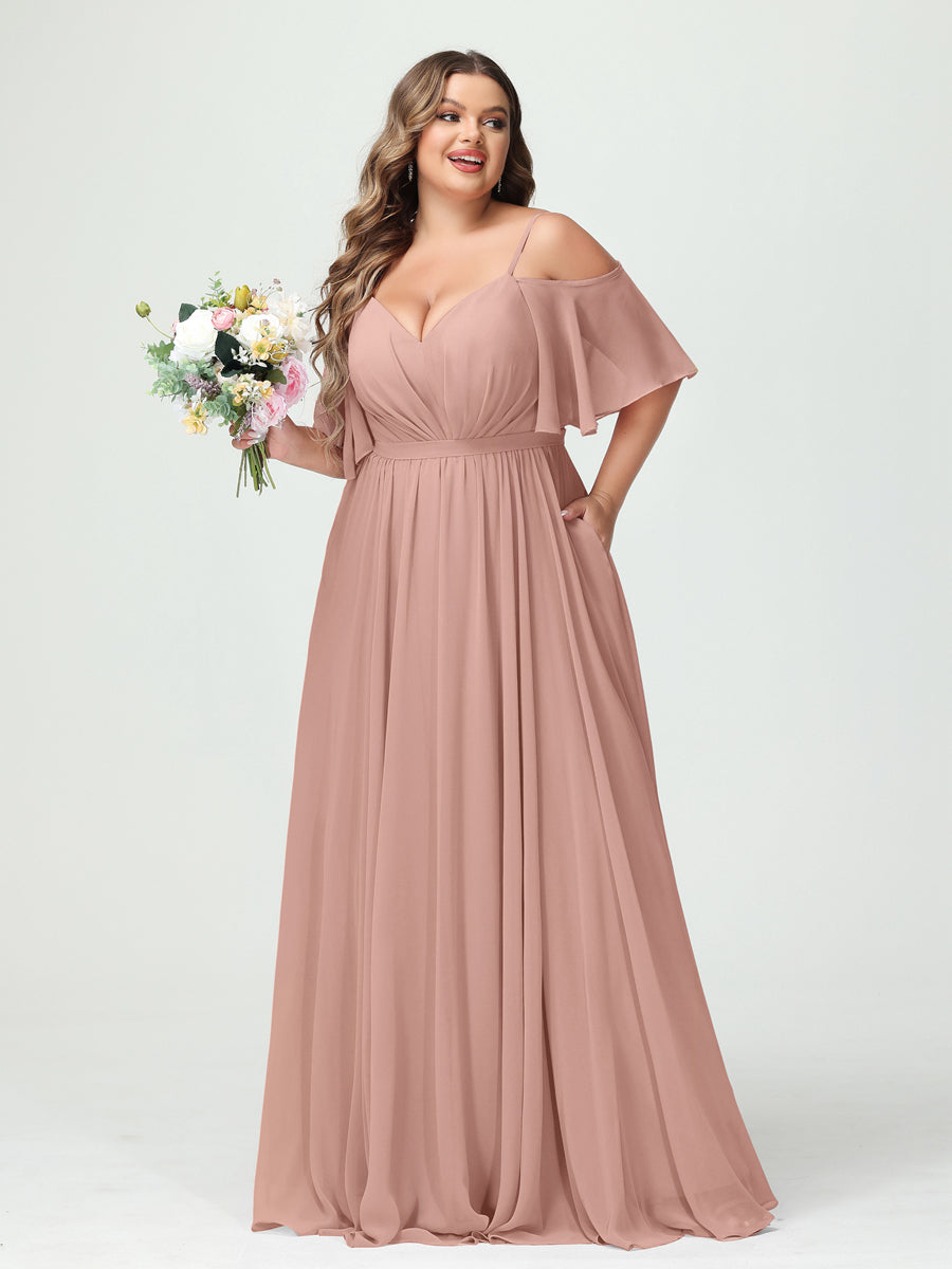 Plus Size Chiffon Bridesmaid Dresses with Pockets – A-Line, Princess, and Spaghetti Strap Styles