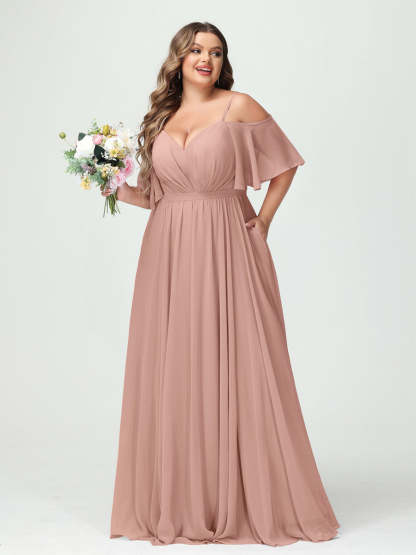 Plus Size Chiffon Bridesmaid Dresses with Pockets – A-Line, Princess, and Spaghetti Strap Styles