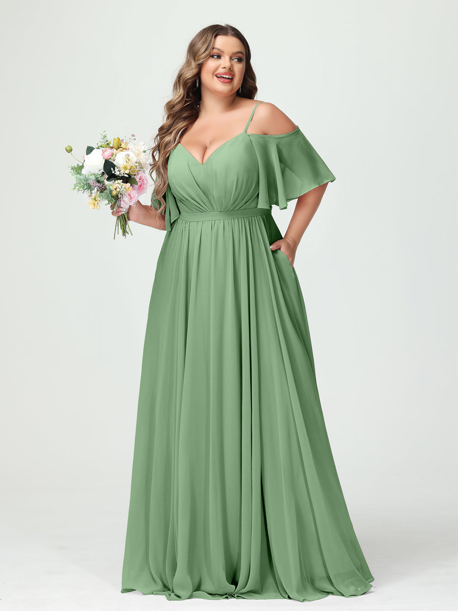 Plus Size Chiffon Bridesmaid Dresses with Pockets – A-Line, Princess, and Spaghetti Strap Styles