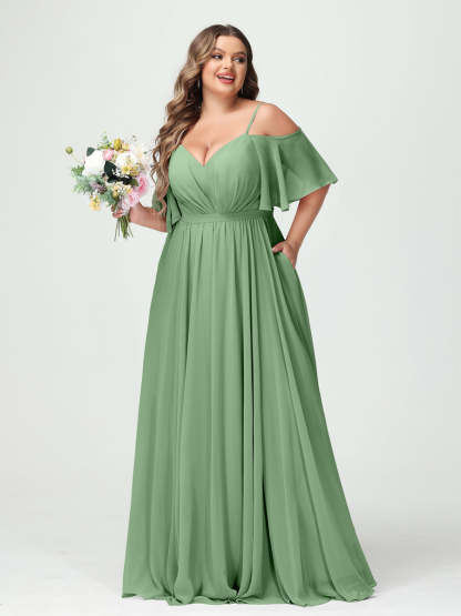 Plus Size Chiffon Bridesmaid Dresses with Pockets – A-Line, Princess, and Spaghetti Strap Styles
