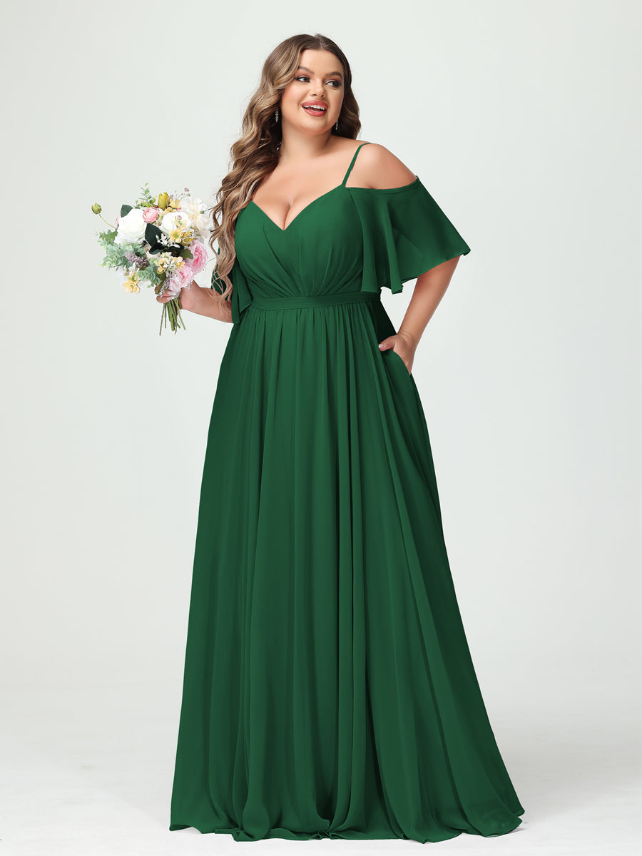 Plus Size Chiffon Bridesmaid Dresses with Pockets – A-Line, Princess, and Spaghetti Strap Styles