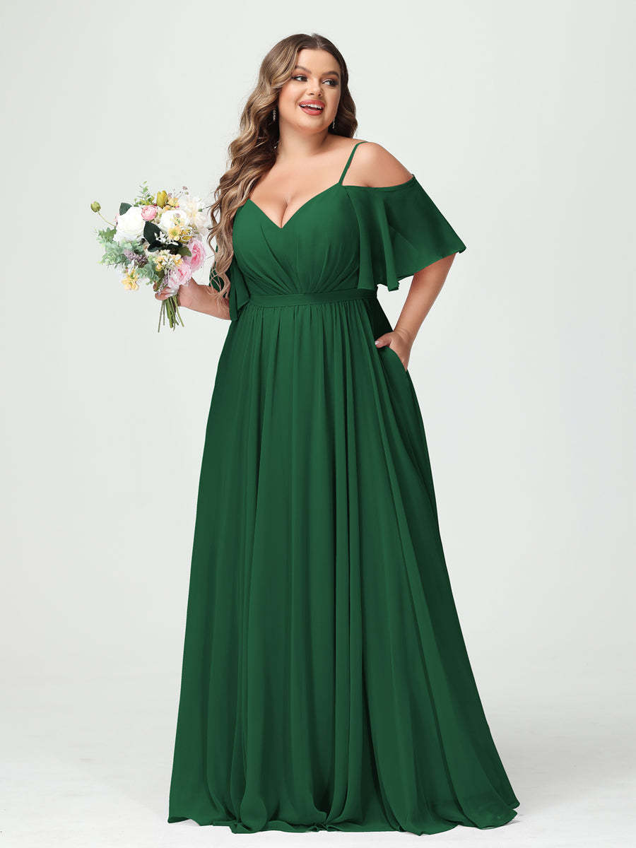 Plus Size Chiffon Bridesmaid Dresses with Pockets – A-Line, Princess, and Spaghetti Strap Styles