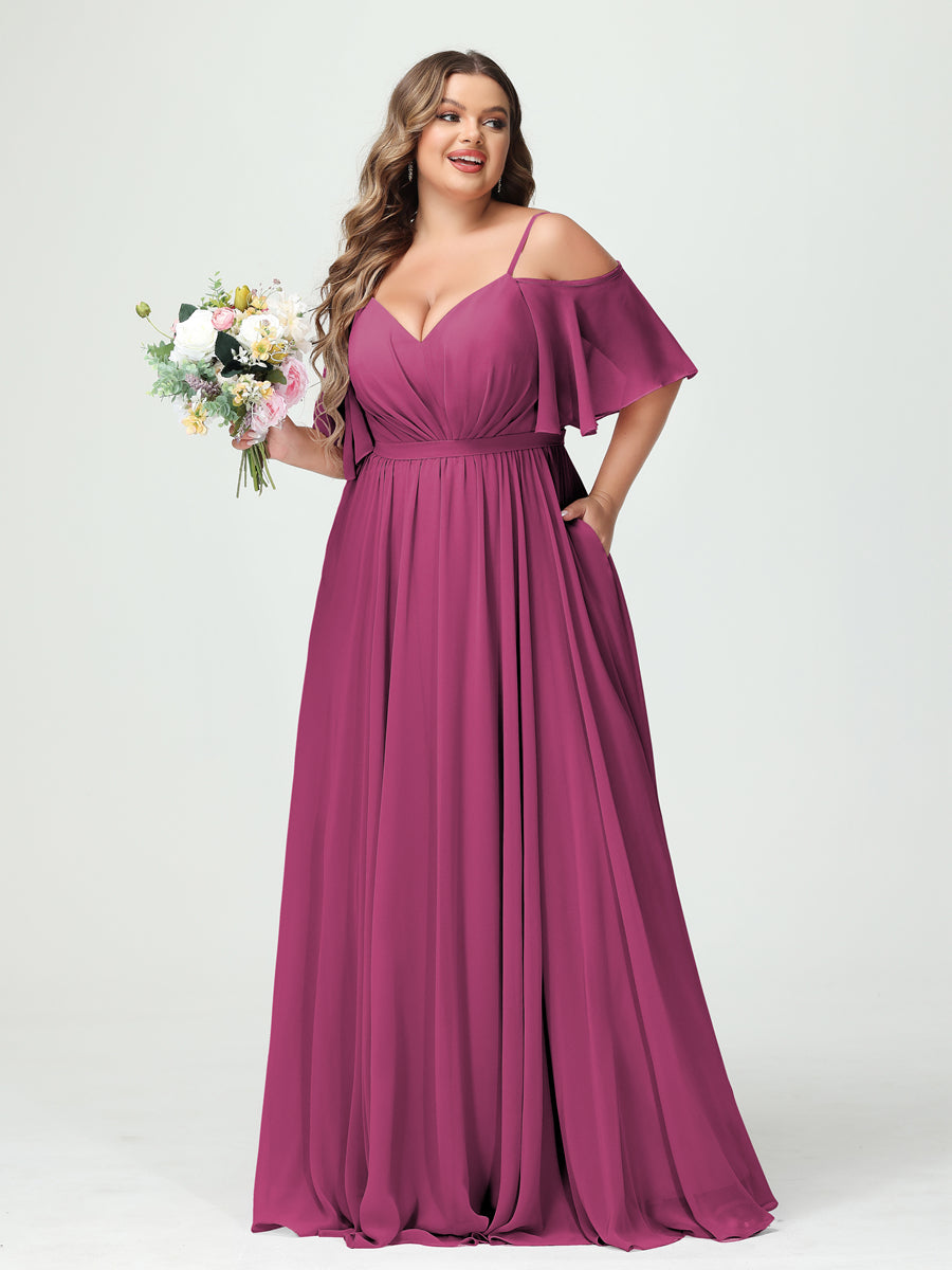 Plus Size Chiffon Bridesmaid Dresses with Pockets – A-Line, Princess, and Spaghetti Strap Styles