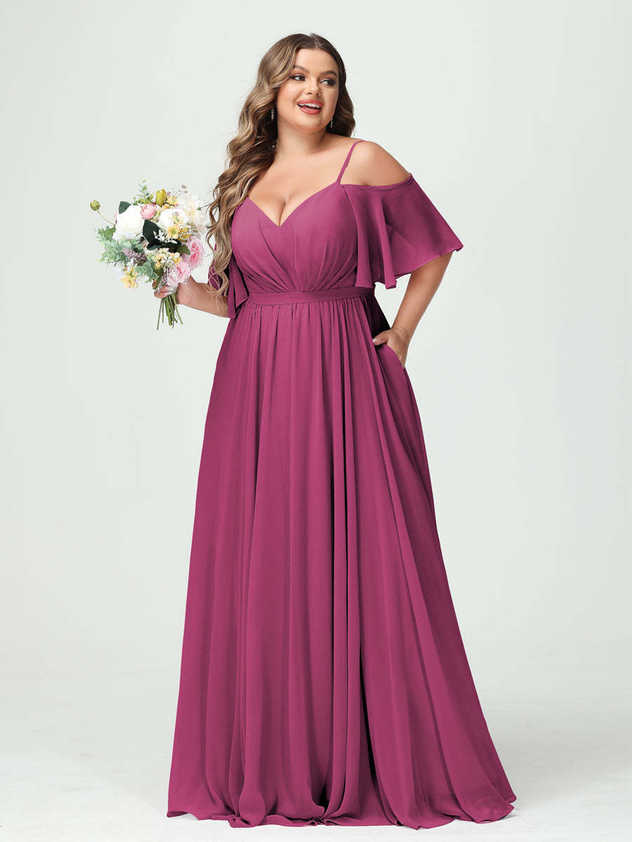 Plus Size Chiffon Bridesmaid Dresses with Pockets – A-Line, Princess, and Spaghetti Strap Styles