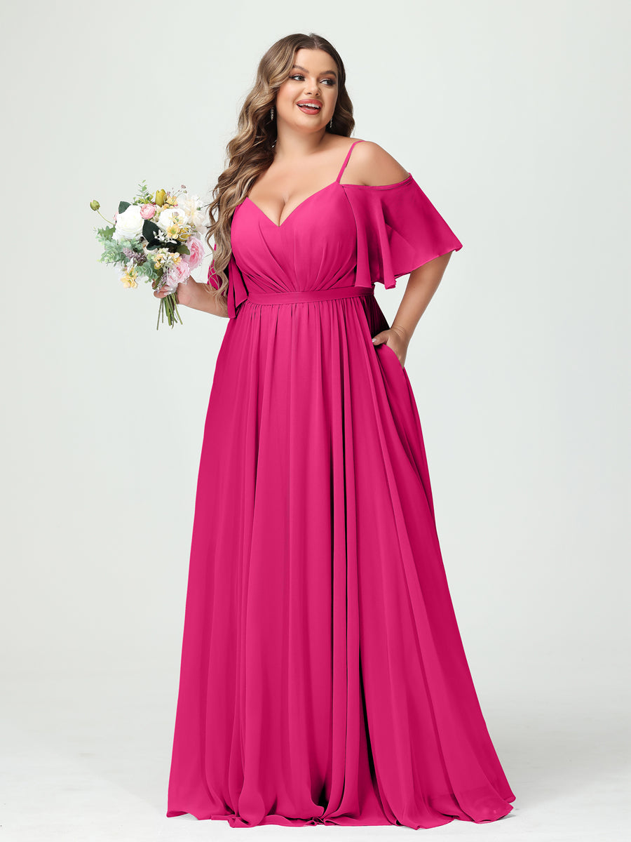 Plus Size Chiffon Bridesmaid Dresses with Pockets – A-Line, Princess, and Spaghetti Strap Styles