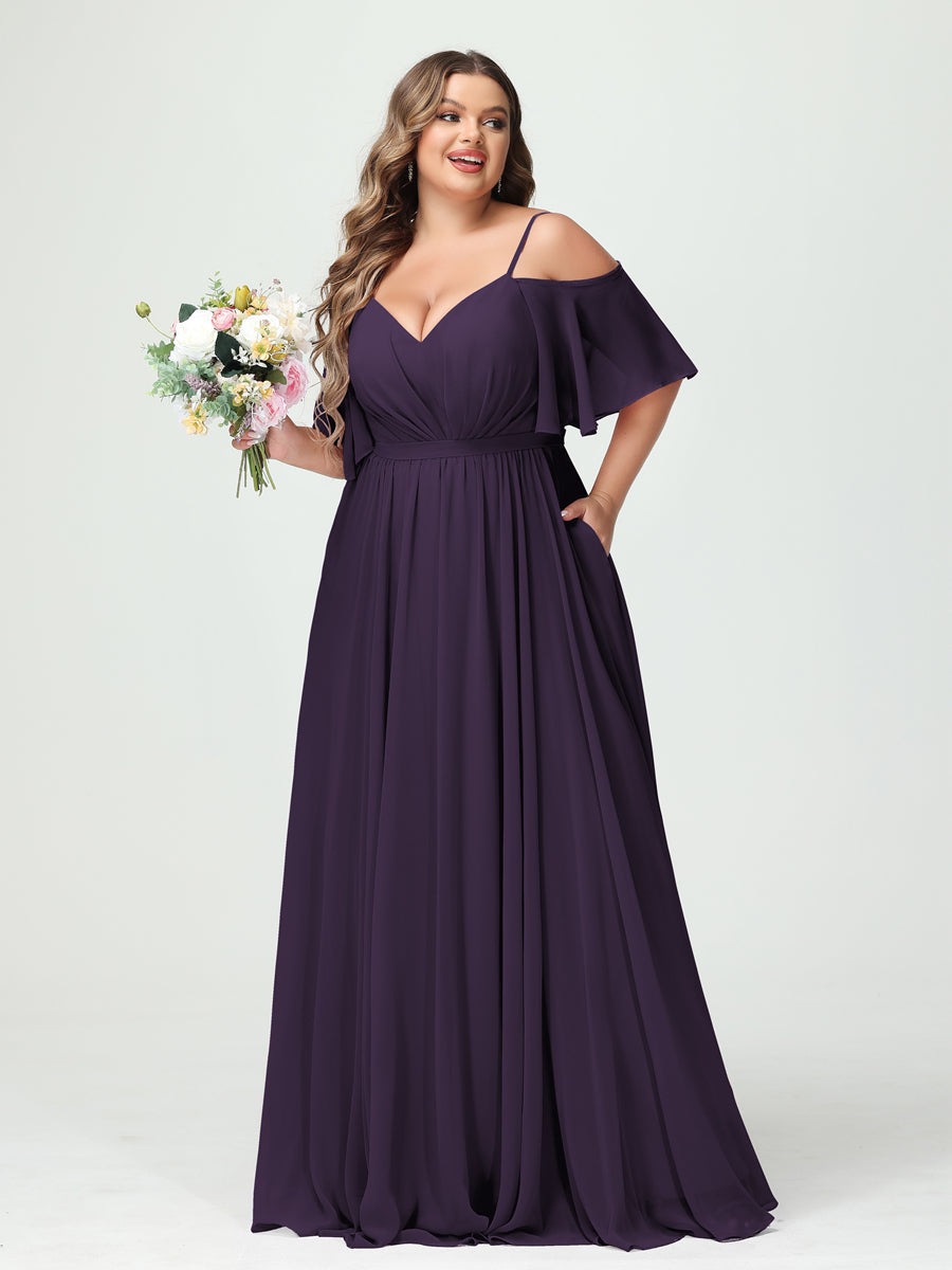 Plus Size Chiffon Bridesmaid Dresses with Pockets – A-Line, Princess, and Spaghetti Strap Styles