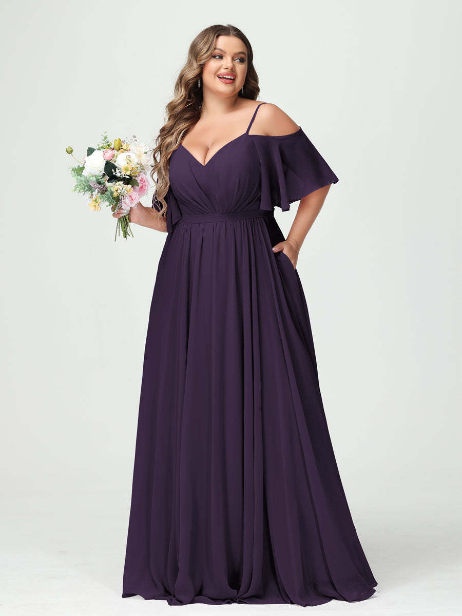 Plus Size Chiffon Bridesmaid Dresses with Pockets – A-Line, Princess, and Spaghetti Strap Styles