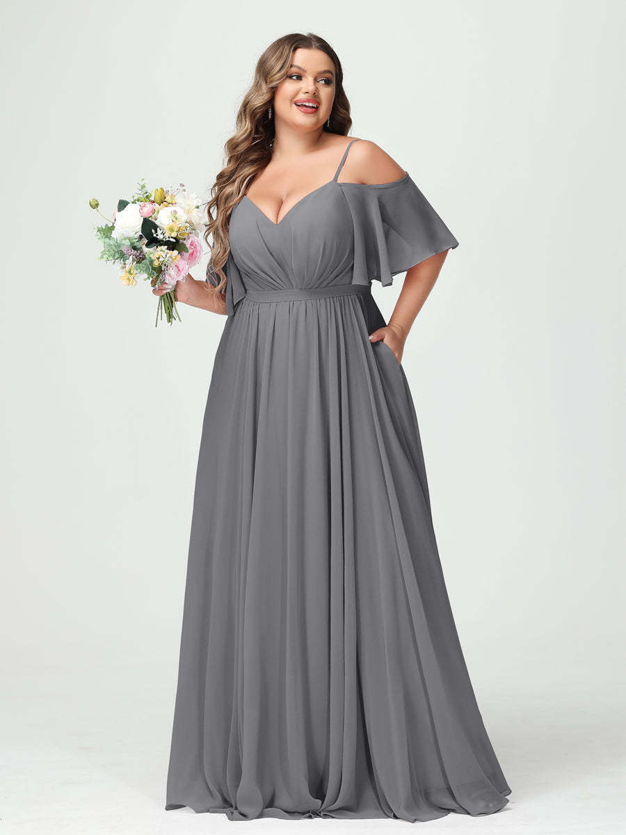 Plus Size Chiffon Bridesmaid Dresses with Pockets – A-Line, Princess, and Spaghetti Strap Styles