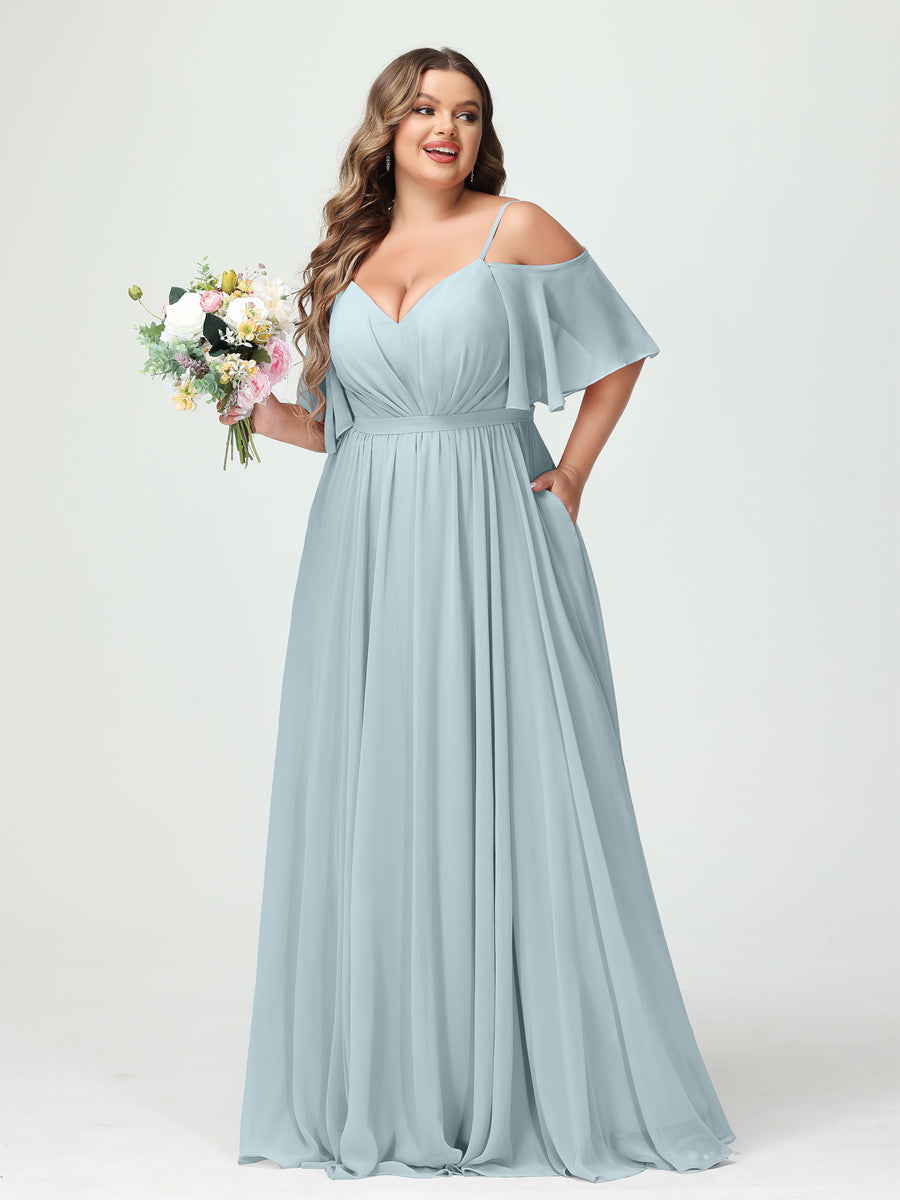 Plus Size Chiffon Bridesmaid Dresses with Pockets – A-Line, Princess, and Spaghetti Strap Styles