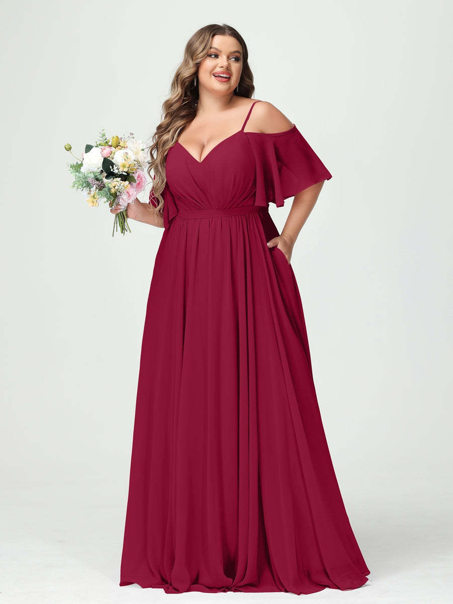 Plus Size Chiffon Bridesmaid Dresses with Pockets – A-Line, Princess, and Spaghetti Strap Styles