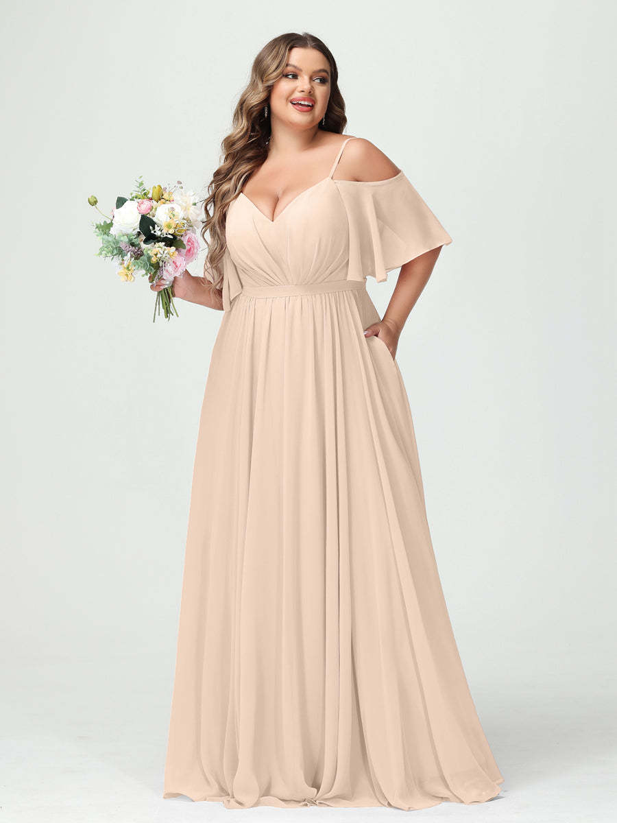Plus Size Chiffon Bridesmaid Dresses with Pockets – A-Line, Princess, and Spaghetti Strap Styles
