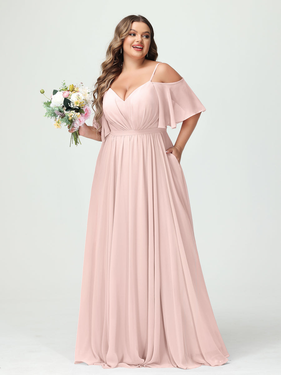 Plus Size Chiffon Bridesmaid Dresses with Pockets – A-Line, Princess, and Spaghetti Strap Styles