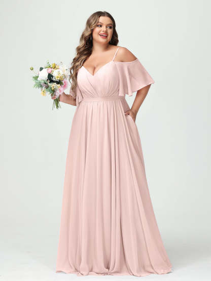 Plus Size Chiffon Bridesmaid Dresses with Pockets – A-Line, Princess, and Spaghetti Strap Styles