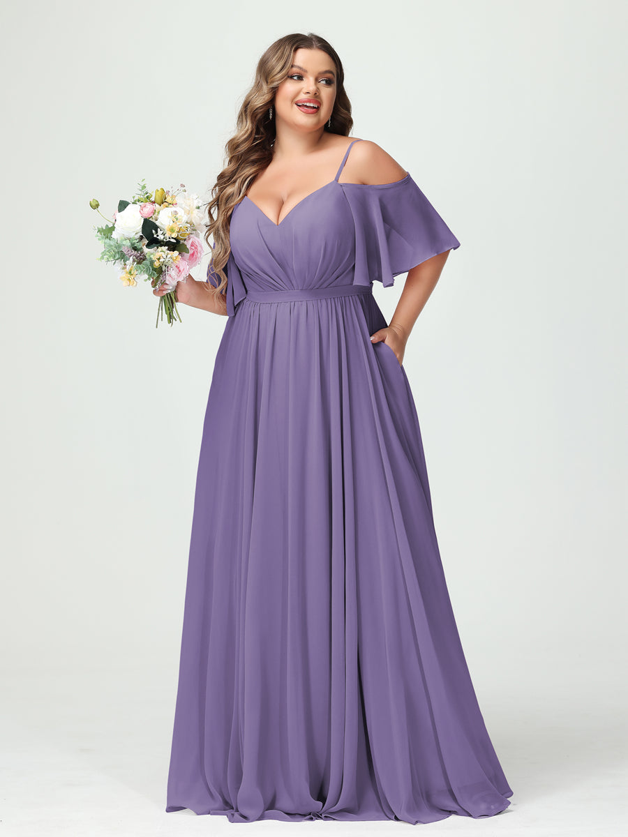 Plus Size Chiffon Bridesmaid Dresses with Pockets – A-Line, Princess, and Spaghetti Strap Styles