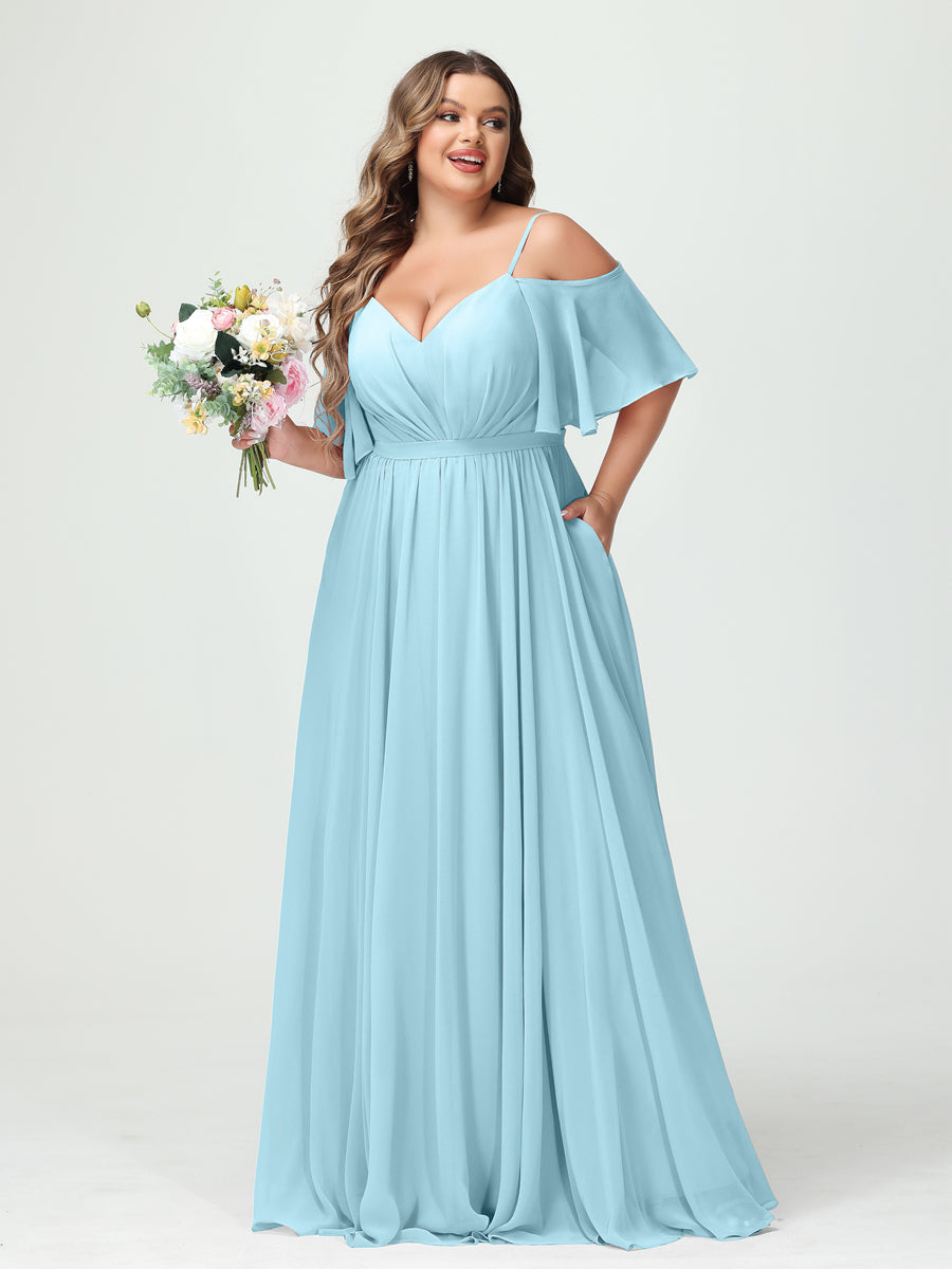 Plus Size Chiffon Bridesmaid Dresses with Pockets – A-Line, Princess, and Spaghetti Strap Styles