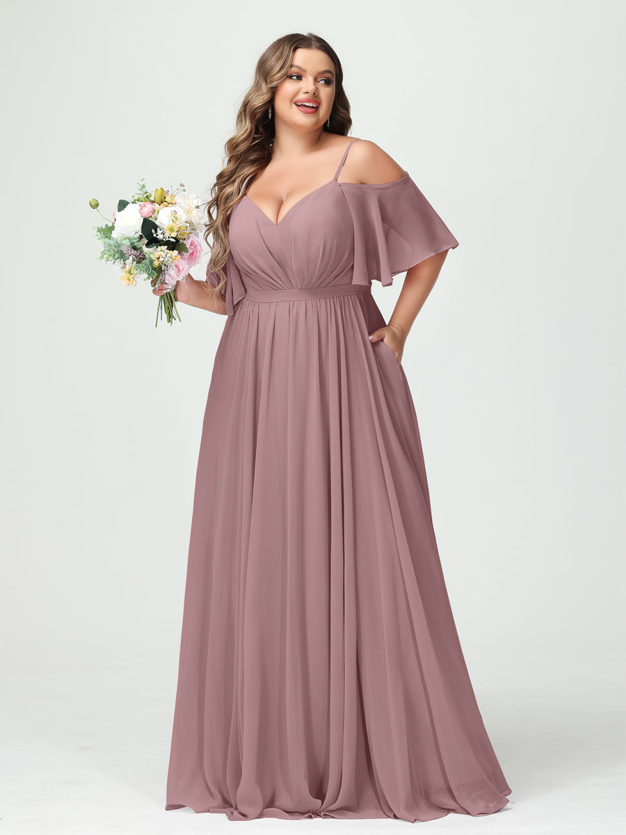 Plus Size Chiffon Bridesmaid Dresses with Pockets – A-Line, Princess, and Spaghetti Strap Styles